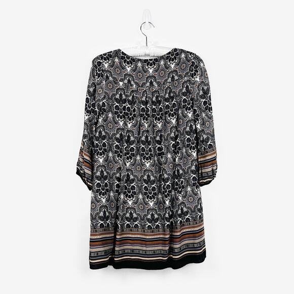 Entro Printed Mini Dress Small Gray Boho Indie Festival Peasant Flowy Earthy - Picture 2 of 10